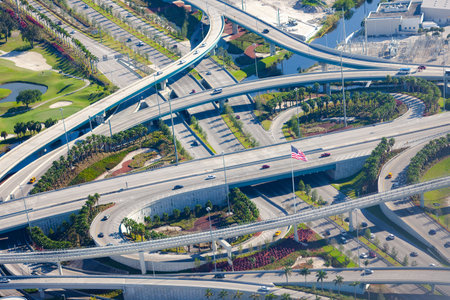 Aerial view of a highway intersection in Miami, Florida, United Statesの写真素材