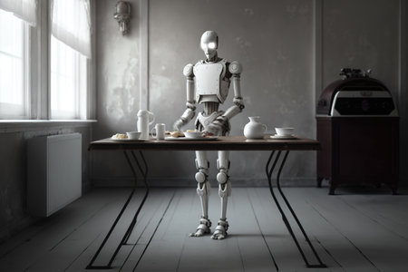 Domestic robot making the breakfast, composite with different elements made with generative AIの素材