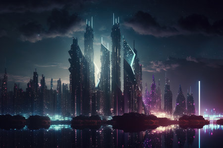 Skyline of a futuristic city with big skyscrapers illuminated at night. Composite with different elements made with generative AIの素材