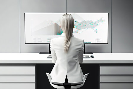 Successful woman working with complex graphics at a computer with big screen. Composite with different elements made with generative AIの素材