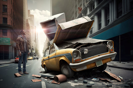A man looking puzzled how his car was destroyed by debris falling from a building. Composite with different elements made with generative AIの素材