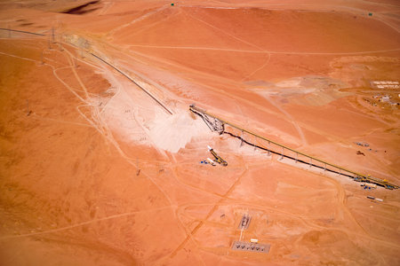 Aerial view of stock pile and conveyor belt at a copper mine in Chile.の写真素材