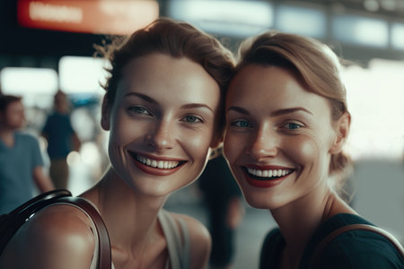 Two girlfriends taking a selfie at the airport before departure. Composite with different elements made with generative AIの素材