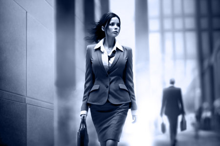 Successful executive woman walking in corporate bulding. Composite with different elements made with generative AIの素材