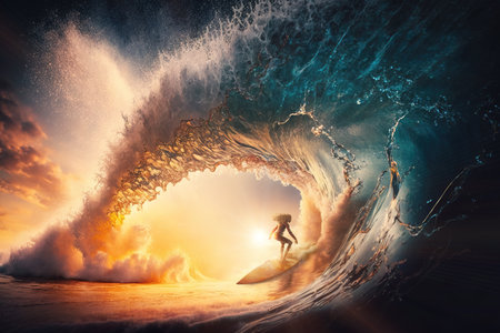 Woman surfing an incredible big wave. Composite with different elements made with generative AIの素材