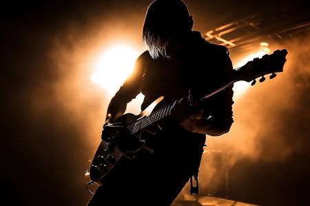Silhouette of a rock guitarist on stage. Composite with different elements made with generative AIの素材