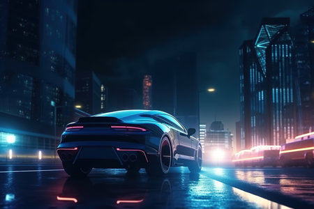 Futuristic electric car in an illuminated city at night. Composite with different elements made with generative AIの素材