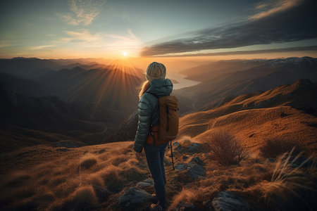 Hiker woman watching the sunset after arriving the summit of a mountain. Composite with different elements made with generative AIの素材