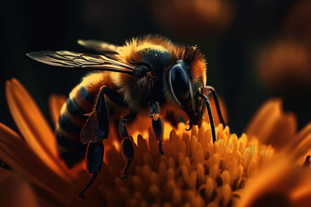 Honey bee collecting nectar from a yellow flower.  Composite with different elements made with generative AIの素材