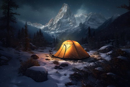 Illuminated tent on top of a mountain among the snow. Composite with different elements made with generative AIの素材