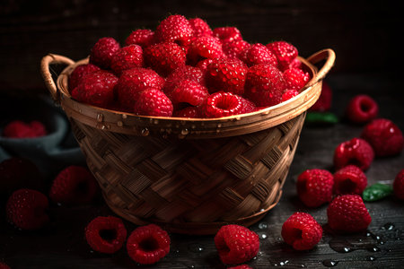 Basket of fresh raspberries. Composite with different elements made with generative AIの素材