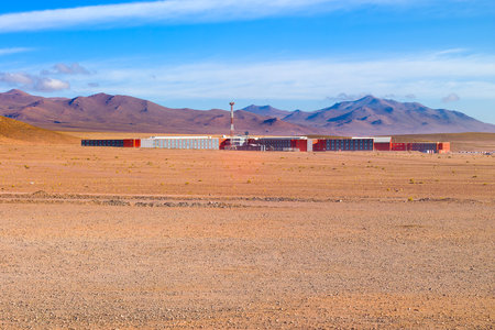 A mining camp high in the Andean highlands made out of shipping containers, Chileの写真素材