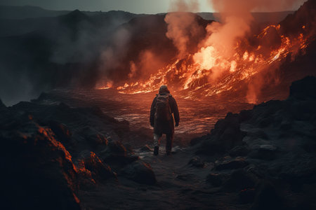 Volcanologist approaching the crater of a volcano with incandescent lava.  Composite with different elements made with generative AIの素材