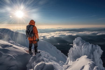 Mountaineer contemplating the landscape after having reached the top of the mountain.  Composite with different elements made with generative AIの素材