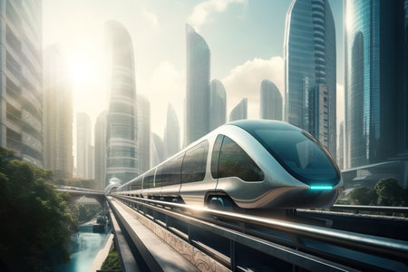 Futuristic city with a modern transportation system with elevated train. Composite with different elements made with generative AIの素材