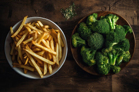 Contrasting healthy versus junk food.  Composite with different elements made with generative AIの素材