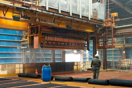 Calama, Antofagasta Region, Chile - Worker washing copper cathodes at an electrowinning plant in a copper mine in Chile.のeditorial素材