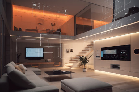 Conceptual representation of a smart house connected online. Composite with different elements made with generative AIの素材