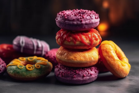 A stack of colorful funny decorated donuts. Composite with different elements made with generative AIの素材