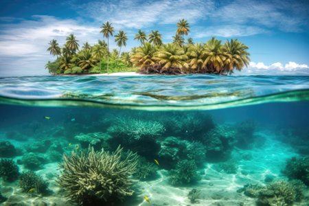 Above and underwater view of a tropical island.  Composite with different elements made with generative AIの素材