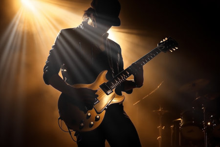Silhouette of a rock guitarist on stage. Composite with different elements made with generative AIの素材