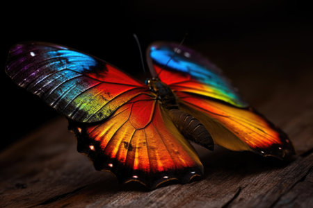 A butterfly with the colors of the rainbow.  Composite with different elements made with generative AIの素材