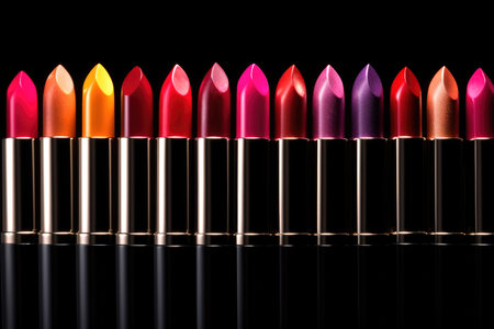 A group of lipsticks of different colors.  Composite with different elements made with generative AIの素材