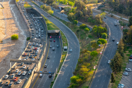 Santiago, Region Mettropolitana, Chile -  Elevated view of the Costanera Norte highway in Santiago de Chileのeditorial素材