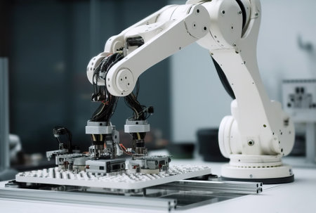 A robotic arm assembling a high-tech component.  Composite with different elements made with generative AIの素材