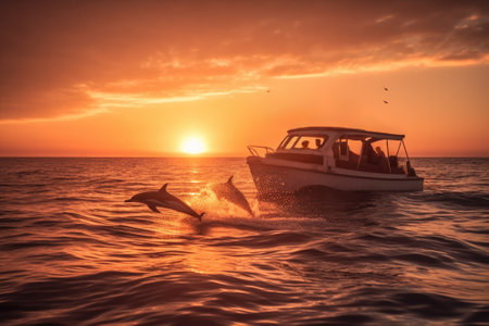 Dolphins jumping in front of a boat.  Composite with different elements made with generative AIの素材
