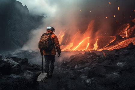 Volcanologist approaching the crater of a volcano with incandescent lava.  Composite with different elements made with generative AIの素材
