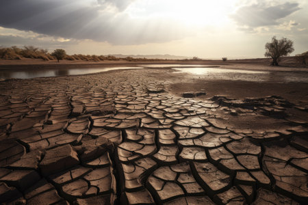 Dry lake due to climate change.   Composite with different elements made with generative AIの素材