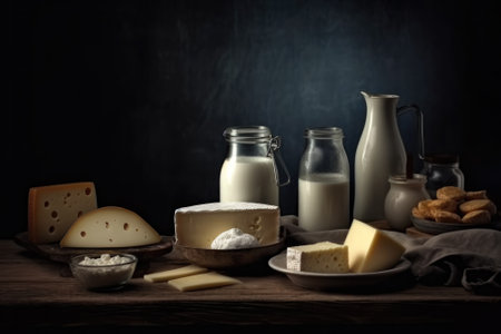 Still life of dairy products.  Composite with different elements made with generative AIの素材