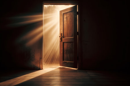 Rays of light entering a dark room through a half-open door. Composite with different elements made with generative AIの素材