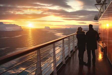 A couple on the deck of a cruise to Antarctica watching the sunset. Composite with different elements made with generative AIの素材