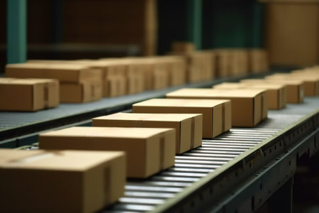 Cardboard box packages in a conveyor belt at a warehouse fulfillment center.  Composite with different elements made with generative AIの素材