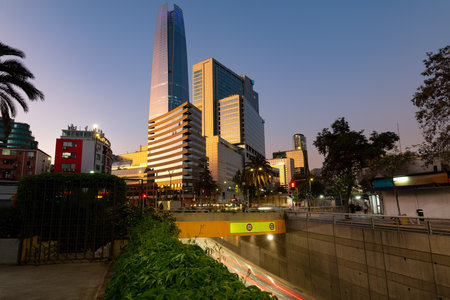 Skyscrapers and buildings at Providencia district in Santiago de Chile at dusk.の写真素材