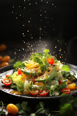 Drops of dressing falling on a delicious and healthy saladの素材