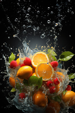 A splash of citric fruits on black backgroundの素材