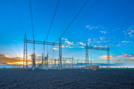Electric substation and pwer lines in Paraguay at sunriseの写真素材