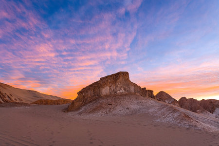 Salt formations and sand dunes at Valle de la Muerte, San Pedro de Atacama, Atacama desert, Antofagasta Region, Chileの写真素材