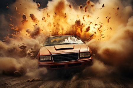 A car escaping from an explosionの素材