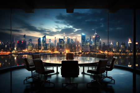 An empty boardroom in an office with a great view of a big city at night.の素材