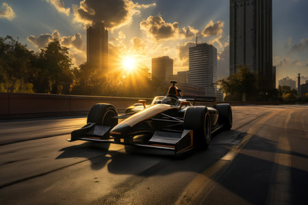 Race car at grand prix in an urban track.の素材