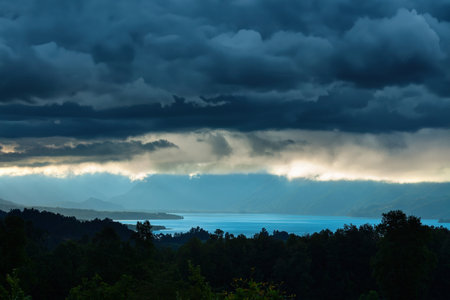 Stormy clouds over Villarrica lake in the Araucania Region, Chileの写真素材