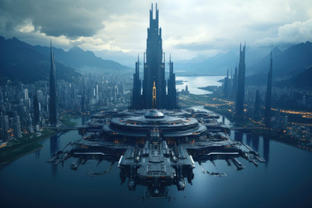 Skyline of a futuristic populated city with big skyscrapers.の素材