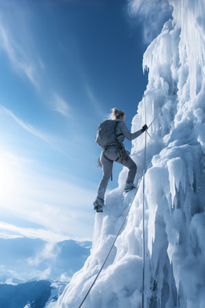 An adventurous woman climbing an ice wall on a mountain.の素材