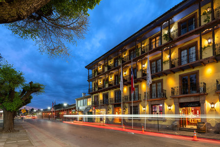Santa Cruz, Colchagua valley, Chile - View of the main square of Santa Cruz town with the facade of the Santa Cruz Plaza Hotel and it's traditional Spanish architecture.のeditorial素材