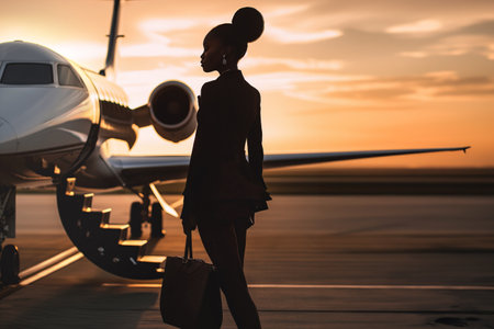 Top executive boarding her private jet at the airport.の素材