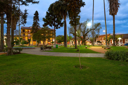 Santa Cruz, Colchagua valley, Chile - View of the main square of Santa Cruz town with the facade of the Santa Cruz Plaza Hotel and it's traditional Spanish architecture.のeditorial素材
